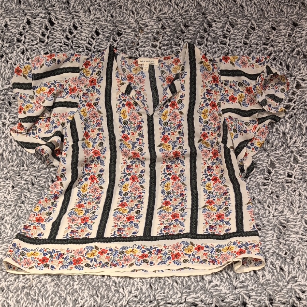 Faith & Joy Folk Floral Stripe Blouse | Porcelain Cream + Ink | Medium